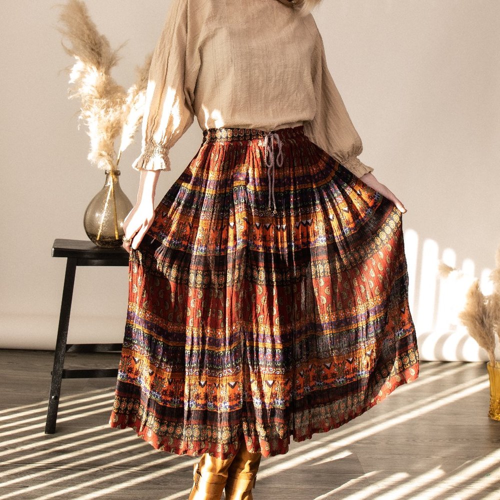 India rayon gauze paisley boho pleated midi skirt